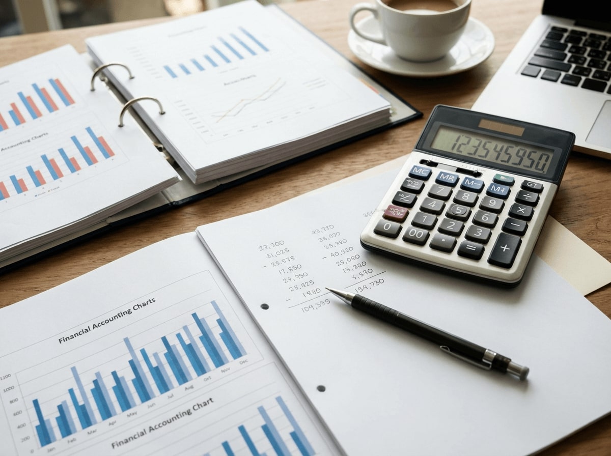 Close-up of person using calculator and financial documents