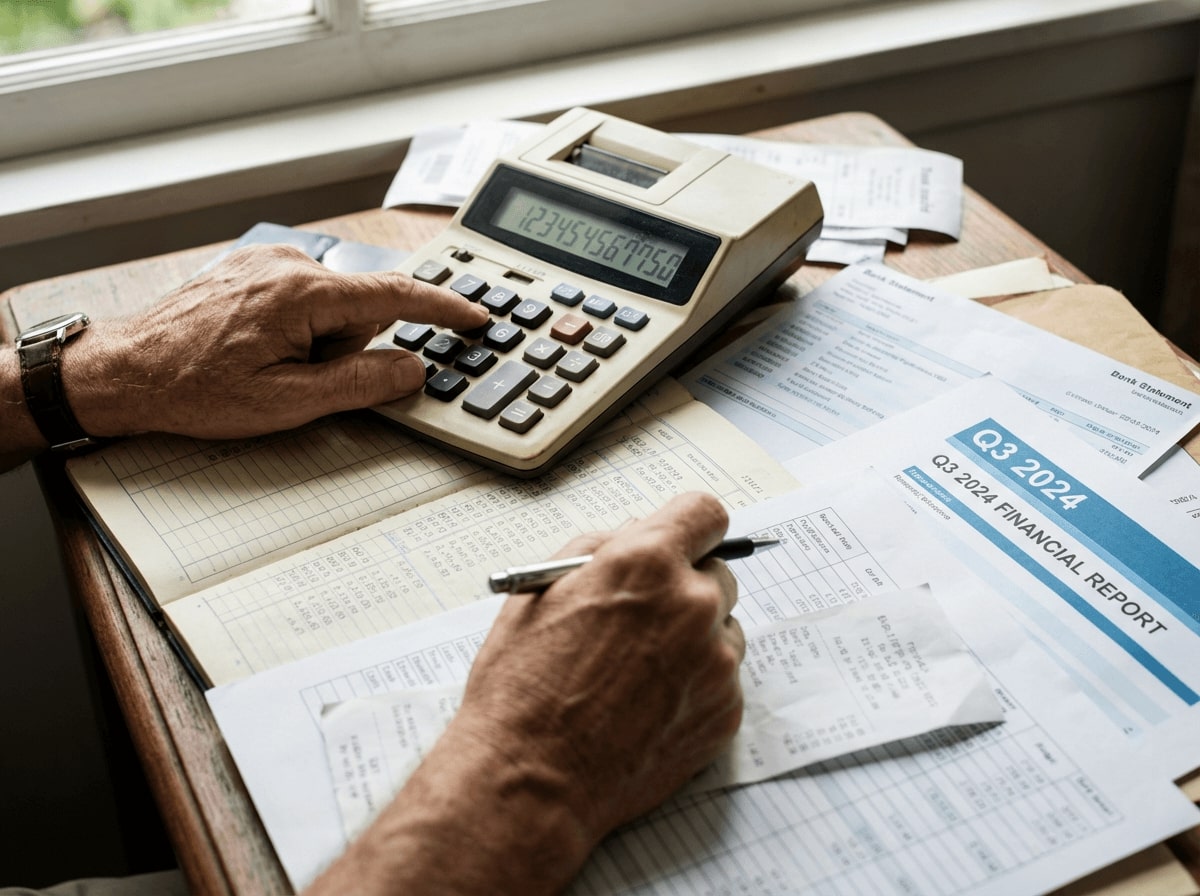 Calculator, pen and accounting charts